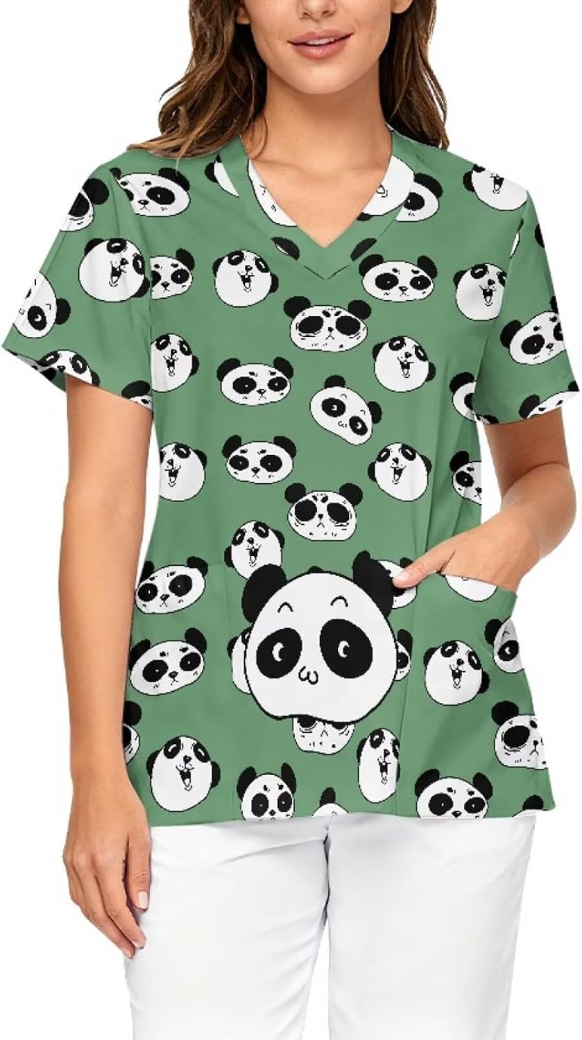 Scrub Tops for Women V Neck Nurse Workwear Uniforms 2 Pockets - Funny Panda Print