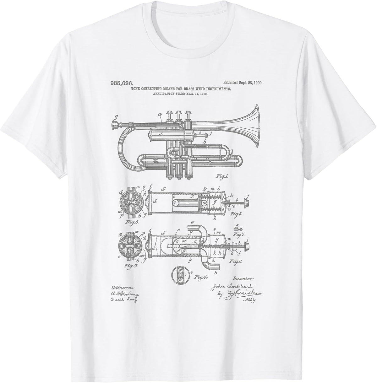 Trumpet Blueprint Vintage Patent Instrument Trumpet Player T-Shirt - White