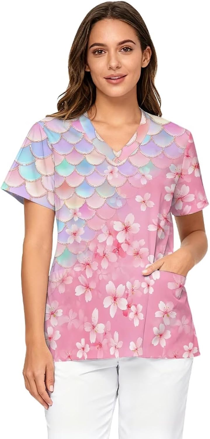 Oversized Scrubs for Women V Neck Printed Medical Scrub Tops Soft Nurse Uniform Shirts with Pockets Size S - 5XL - Cherry