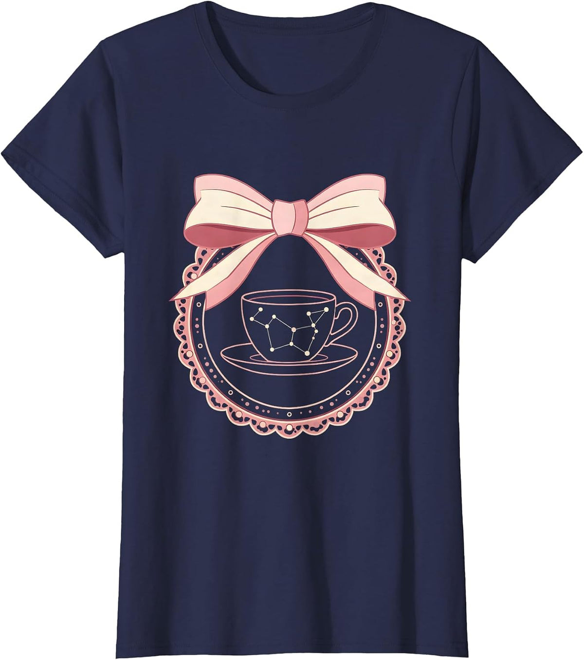 Women's Coffee Cup Constellation Star Map Graphic T-Shirt - Navy Blue