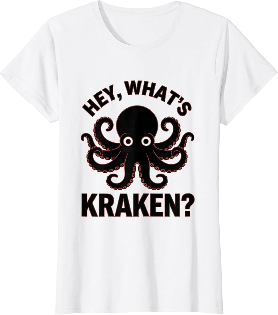 Women's Hey, What's Kraken? Minimalist Octopus Lover Sea Creature T-Shirt - White