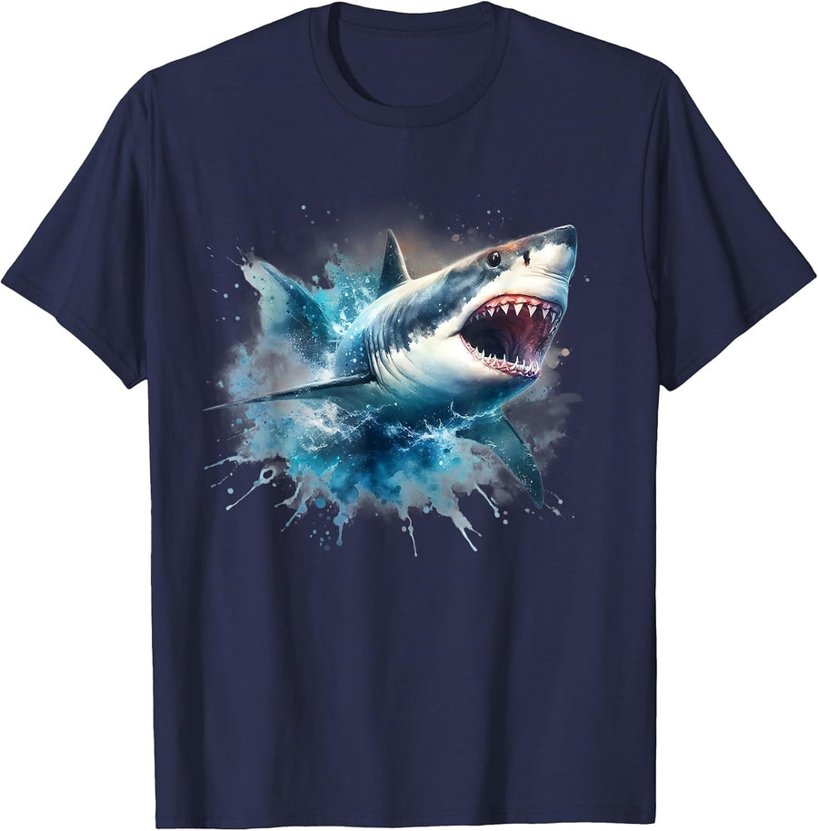 Cool Watercolor Great White Shark Open Jaw T-Shirt - Navy Blue