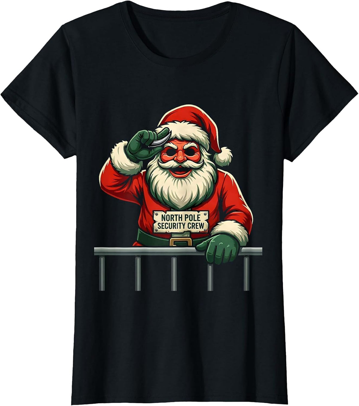 Women's North Pole Security Crew Funny Heavy Metal Christmas Rocker T-Shirt - Black