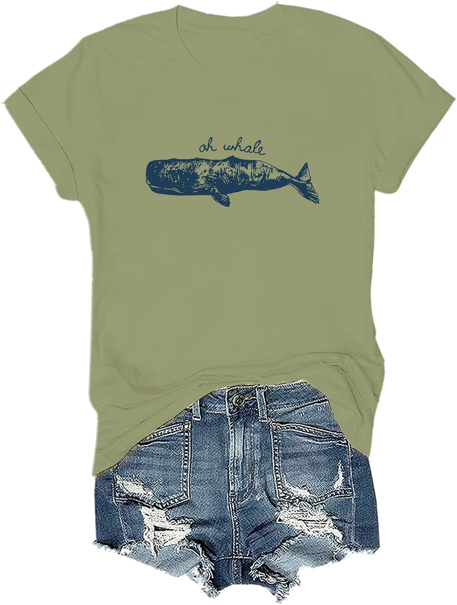 Oh Whale Shirt Minimalist Beach Shirt Funny Beach Tshirt Hawaii Vacation Summer Graphic Tops - Crewneck Green-1