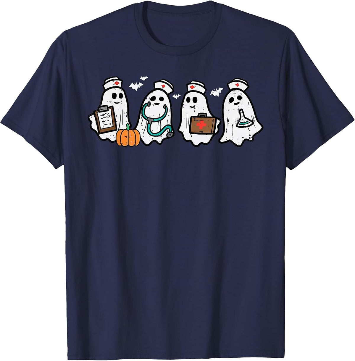Ghost Nurses Halloween Crew Funny Costume Scrub Top Women T-Shirt - Navy Blue