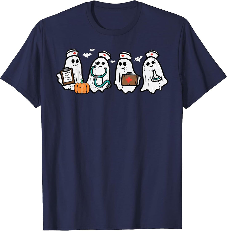 Ghost Nurses Halloween Crew Funny Costume Scrub Top Women T-Shirt - Navy Blue