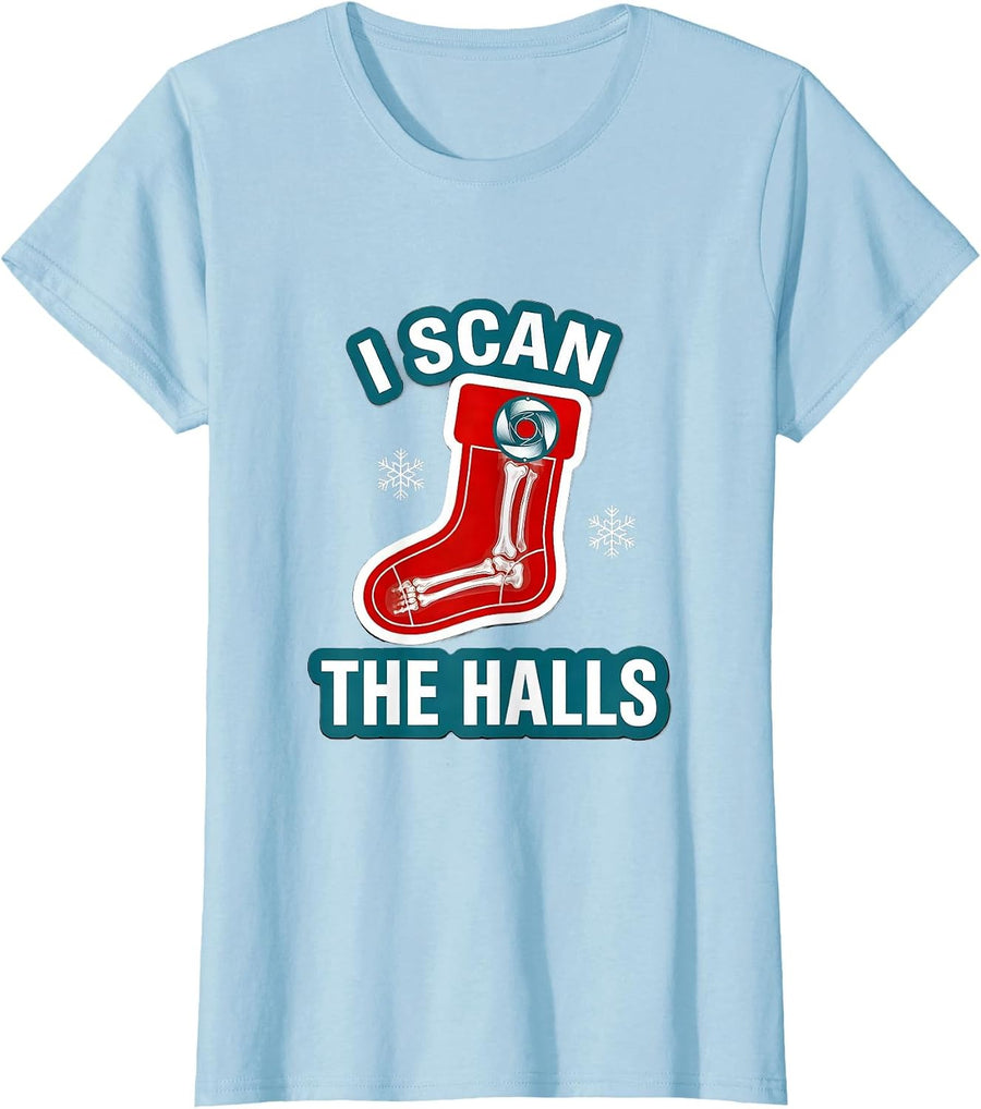 Women's I Scan The Halls Funny Radiology Xray Tech Christmas Humor T-Shirt - Baby Blue