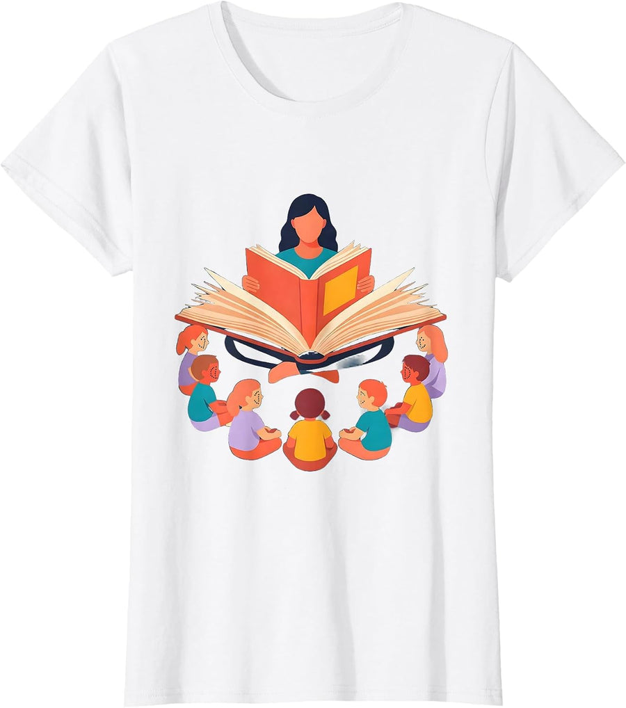 Women's Preschool Teacher Reading to Children Graphic T-Shirt - White