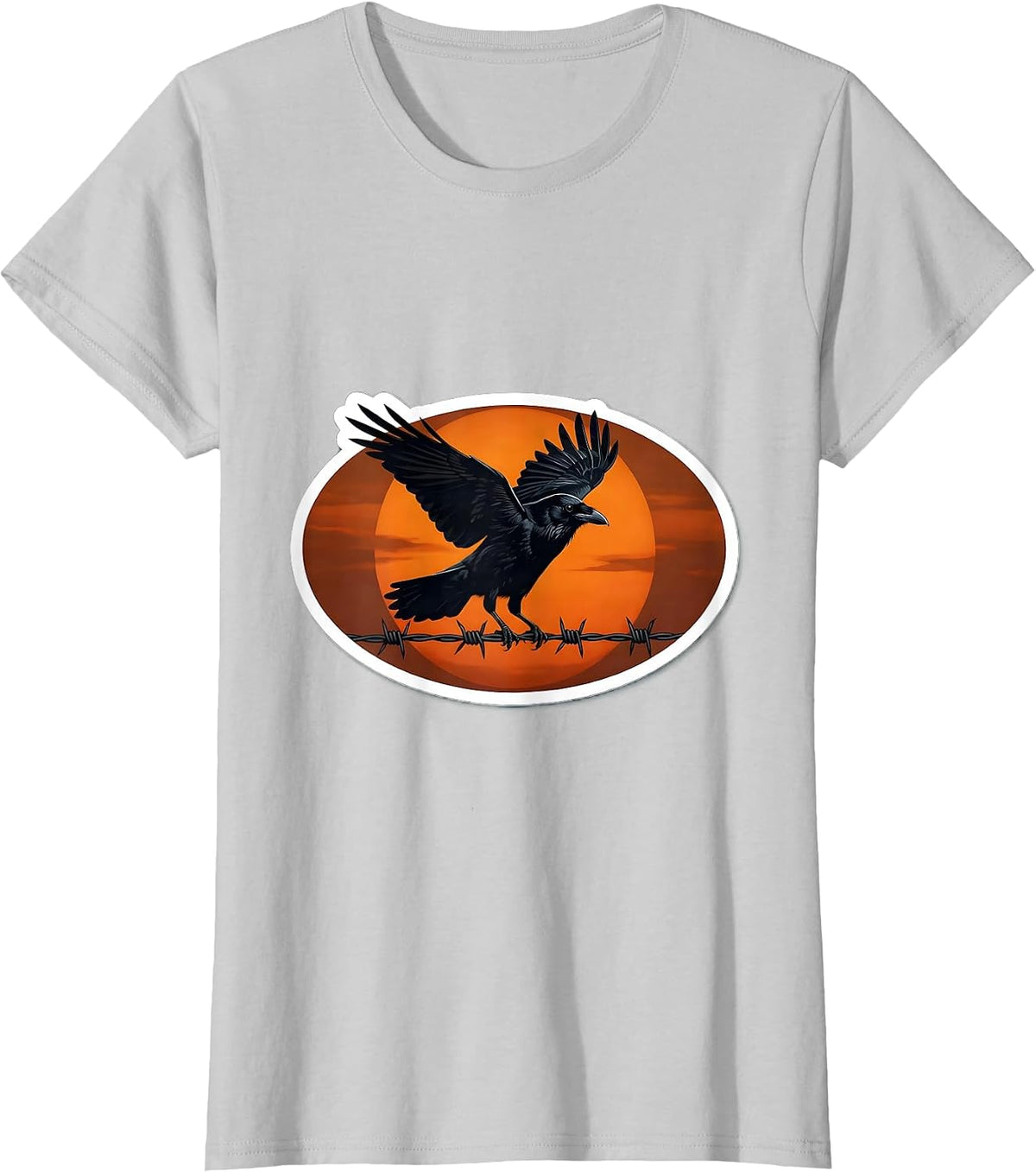 Women's Lone Crow on Barbed Wire Dusk Silhouette T-Shirt - Silver Grey