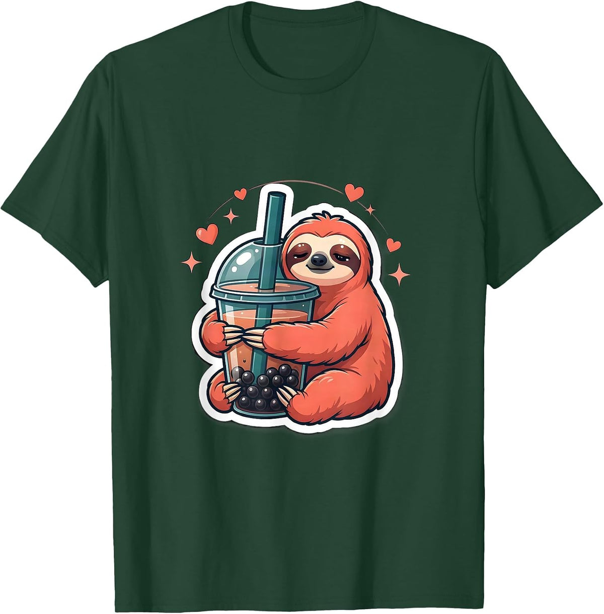 Sleepy Sloth Boba Tea Kawaii Anime Aesthetic T-Shirt - Dark Green
