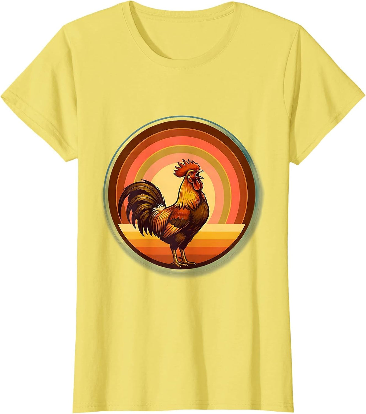 Women's Rooster Crowing at Late Sunrise Graphic Design T-Shirt - Lemon Yellow