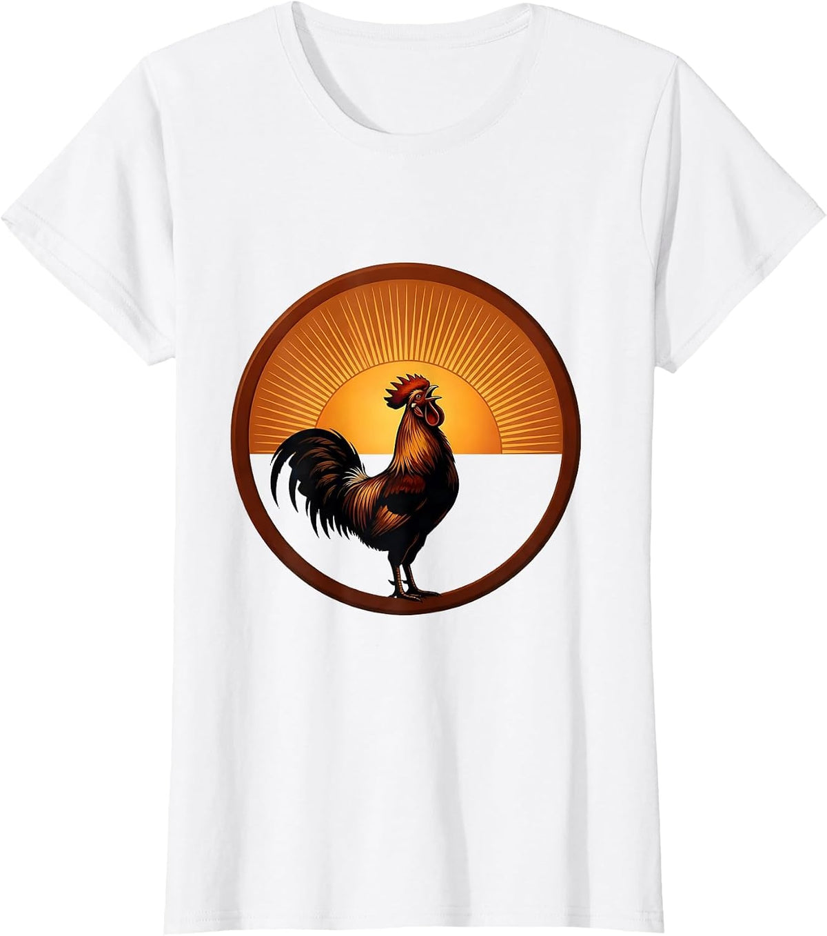 Women's Hello Rooster Crowing at Rising Sun Illustration T-Shirt - White