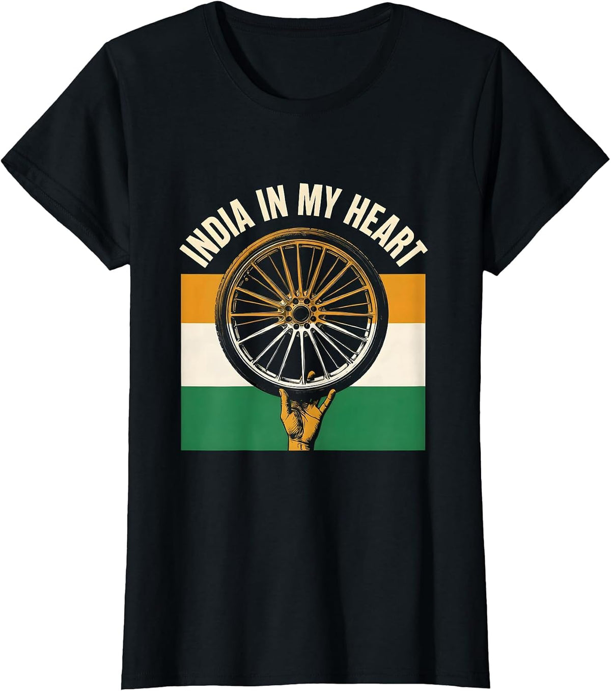 Women's India In My Heart Stencil Tricolor Flag Pride T-Shirt - Black