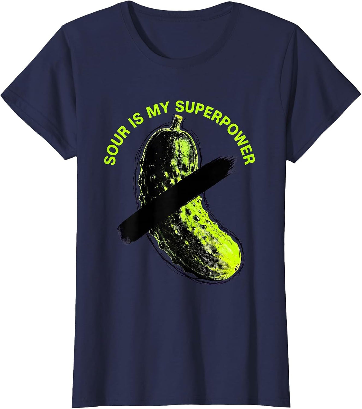 Women's Sour Is My Superpower Funny Pickle Design T-Shirt - Navy Blue