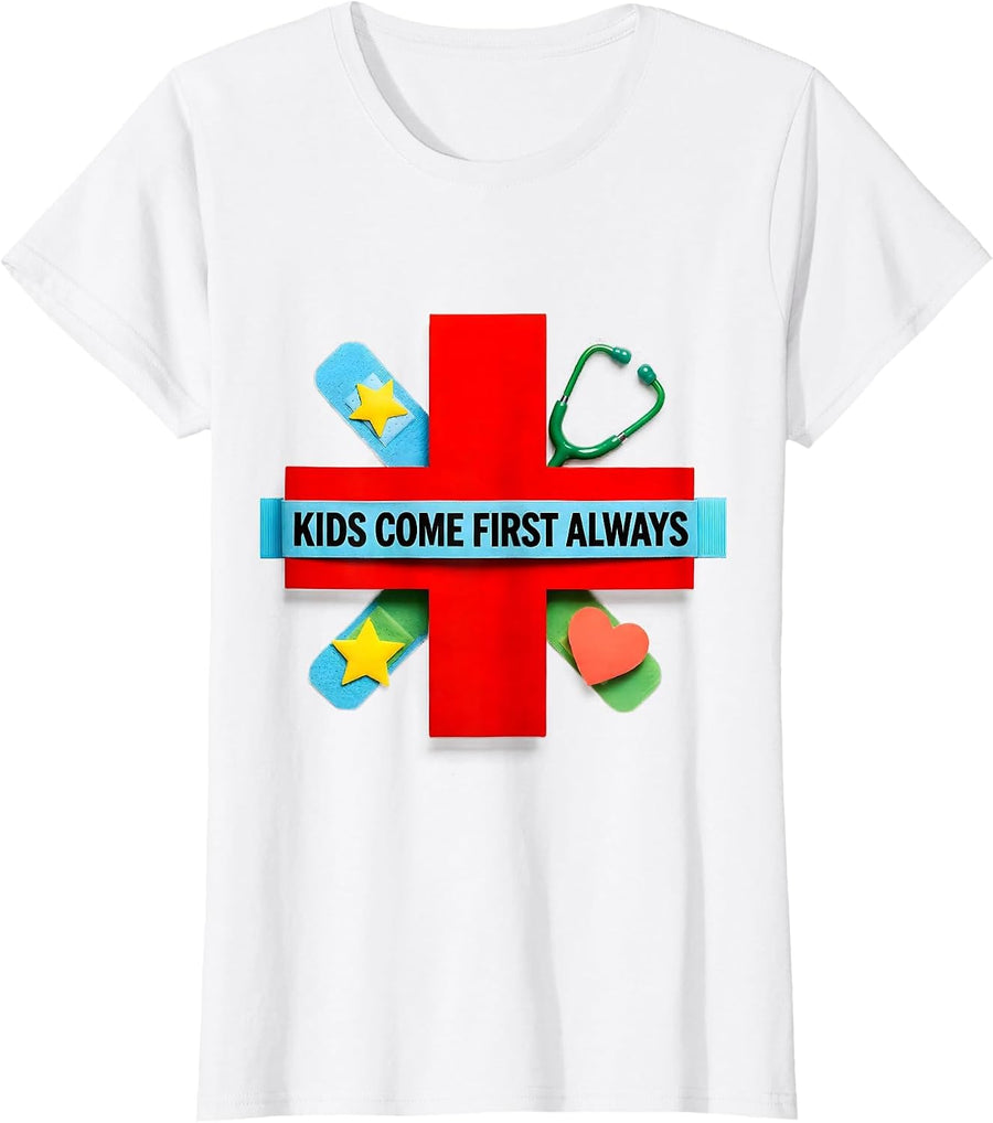 Women's Kids Come First Always School Nurse Design T-Shirt - White
