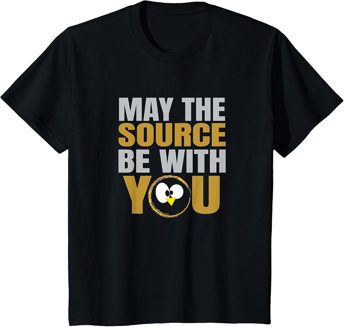 May the Source be with You Slogan Funny Penguin Eyes Linux T-Shirt - Black