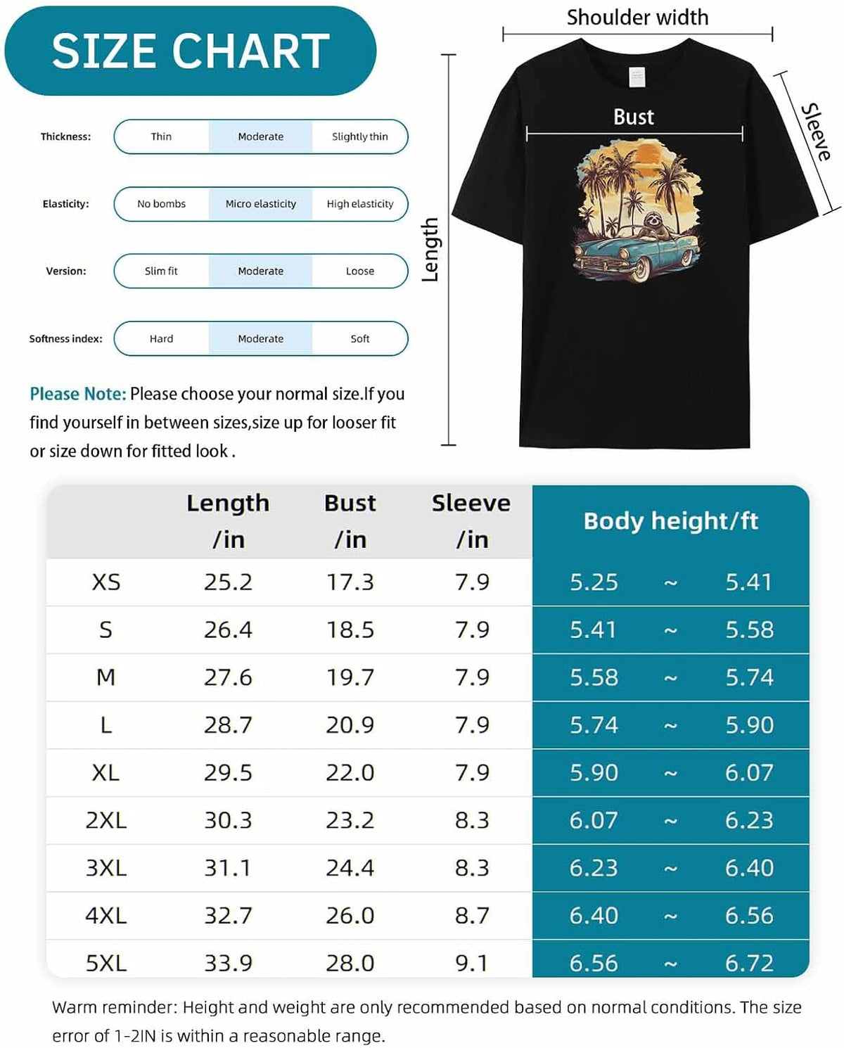 Men's T-Shirt Sloths with A Convertible Graphic Tees Cotton Crew Neck Men's Short Sleeve Basic Tshirts M - size chart