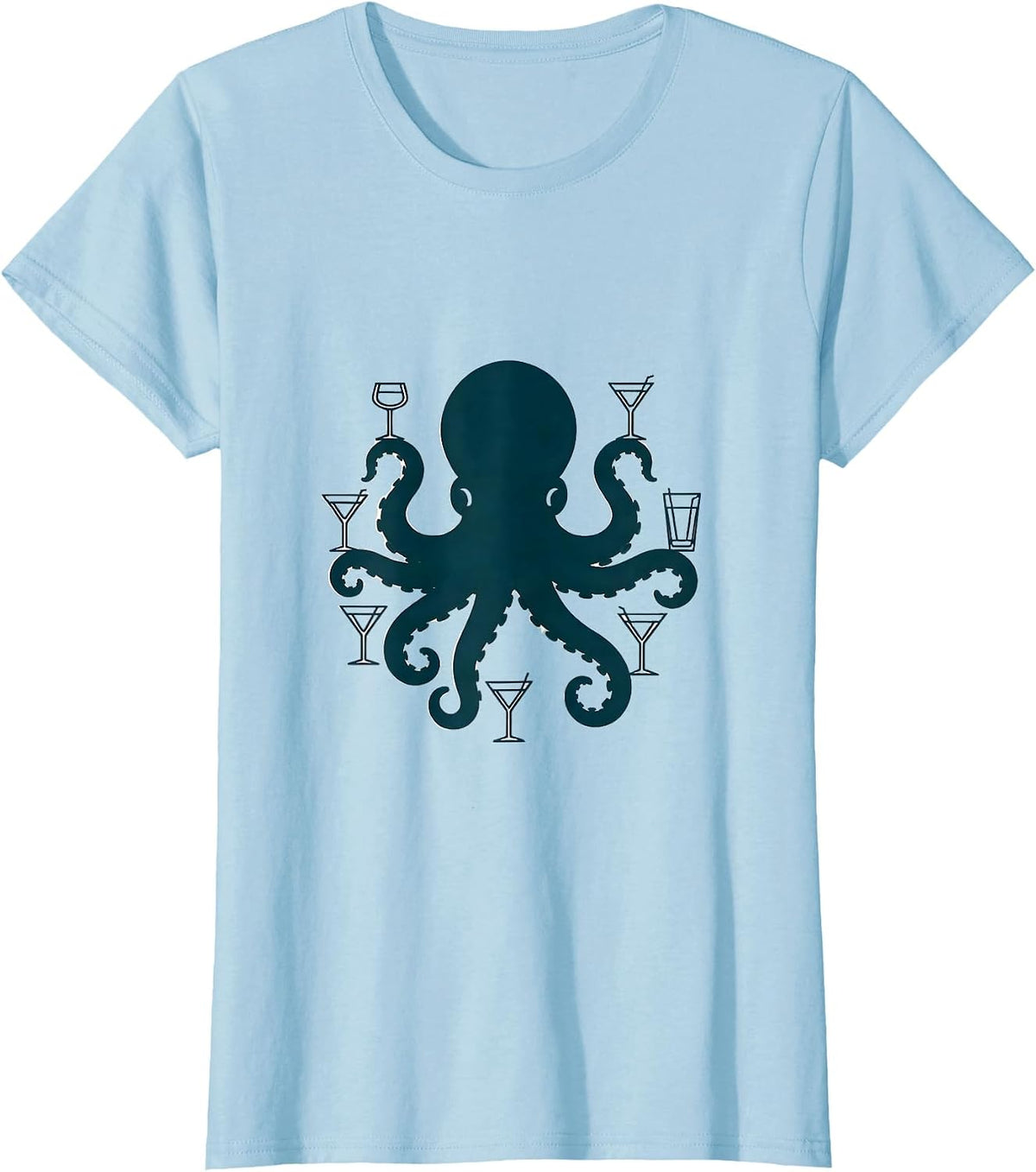 Women's Octopus Bartender Juggling Cocktail Glasses T-Shirt - Baby Blue