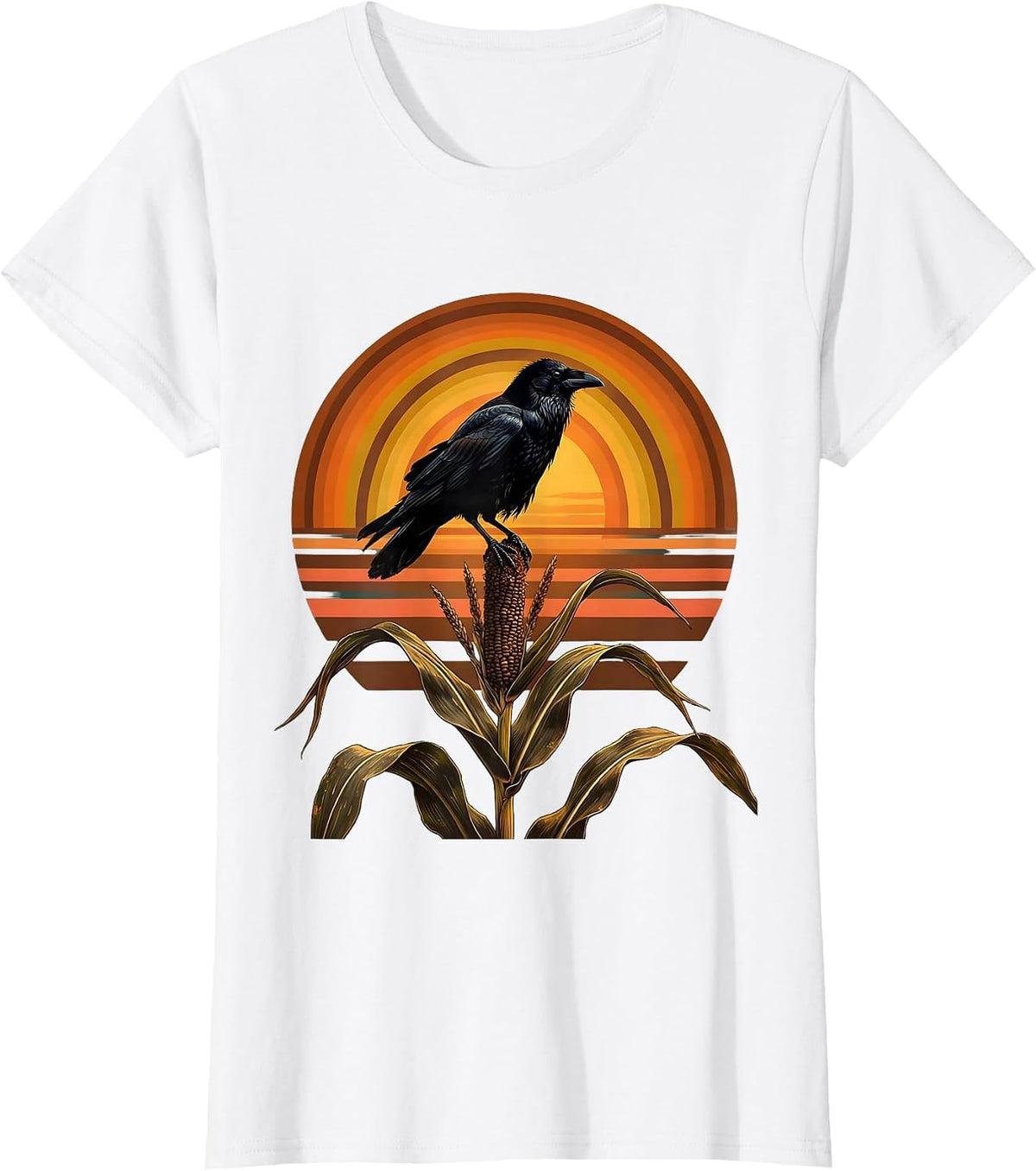 Women's Crow Perched on Corn Stalk Harvest Illustration T-Shirt - White
