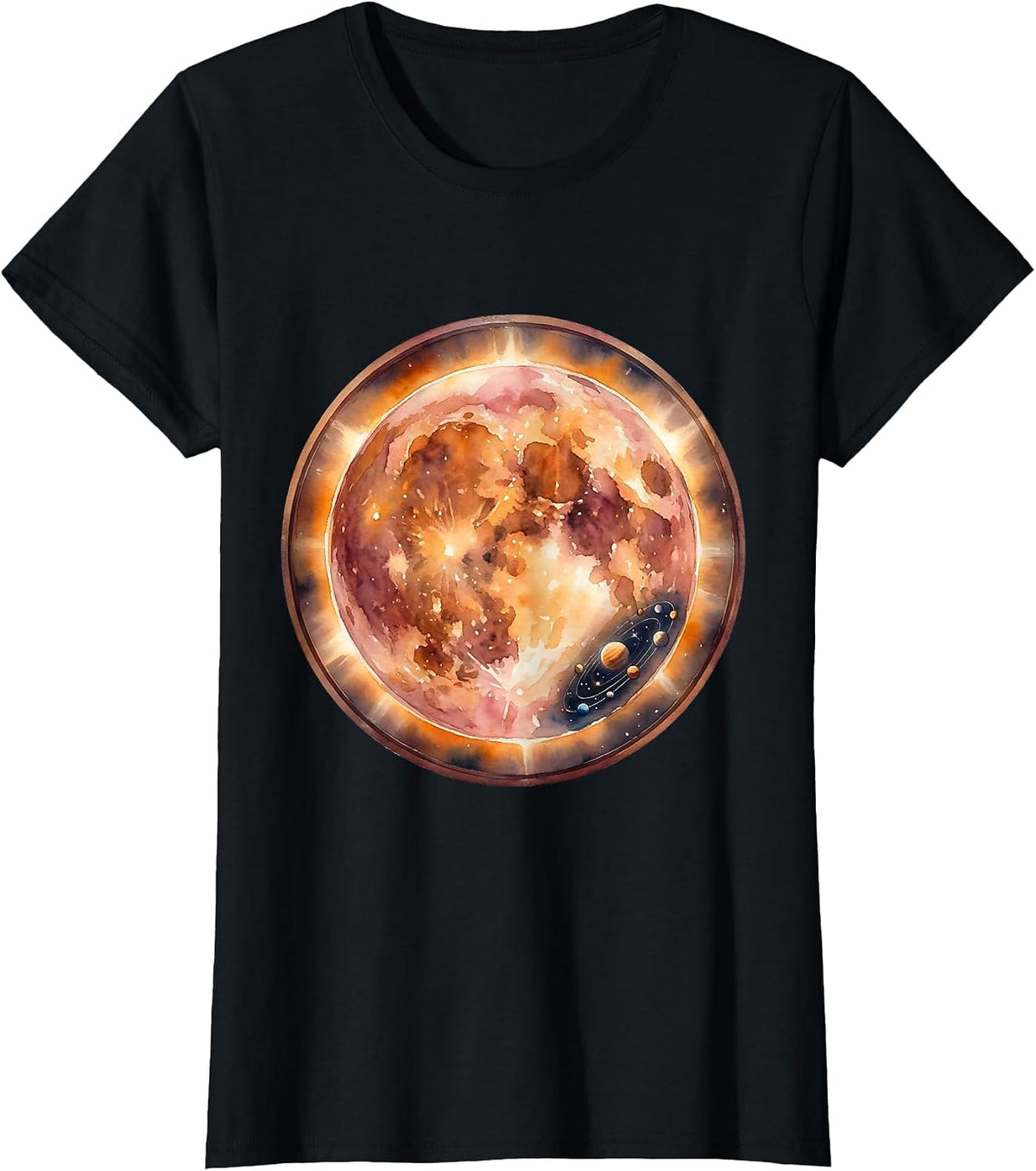 Women's Giant Star Dwarfing Tiny Solar System Illustration T-Shirt - Black