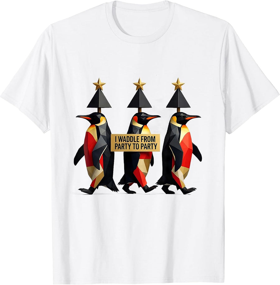 Men's I Waddle From Party To Party Funny Penguin Lover Christmas T-Shirt - White