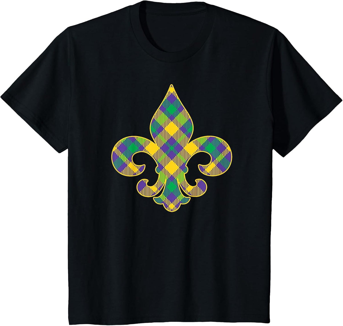 Plaid Mardi Gras Fleur De LYS Symbol T-Shirt - Black
