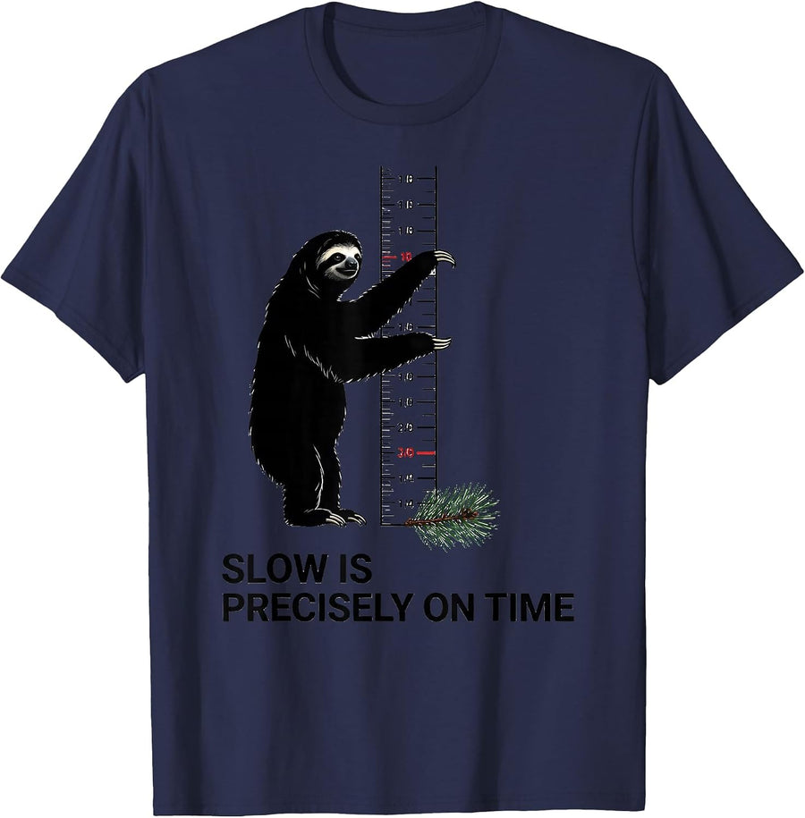 Slow Is Precisely On Time Funny Sloth Lover Ugly Christmas T-Shirt - Navy Blue