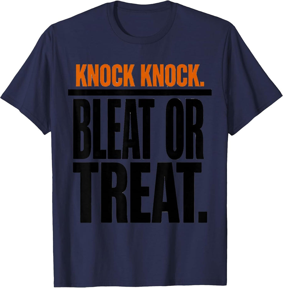 Knock Knock Bleat Or Treat Funny Goat Lover Halloween T-Shirt - Navy Blue