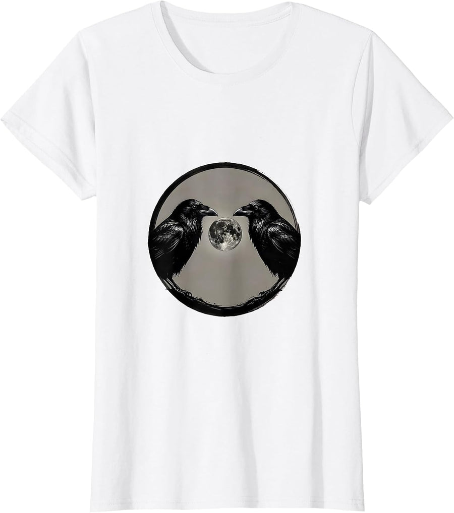 Women's Sealed Crow Moon Minimalist Gothic Raven Art T-Shirt - White