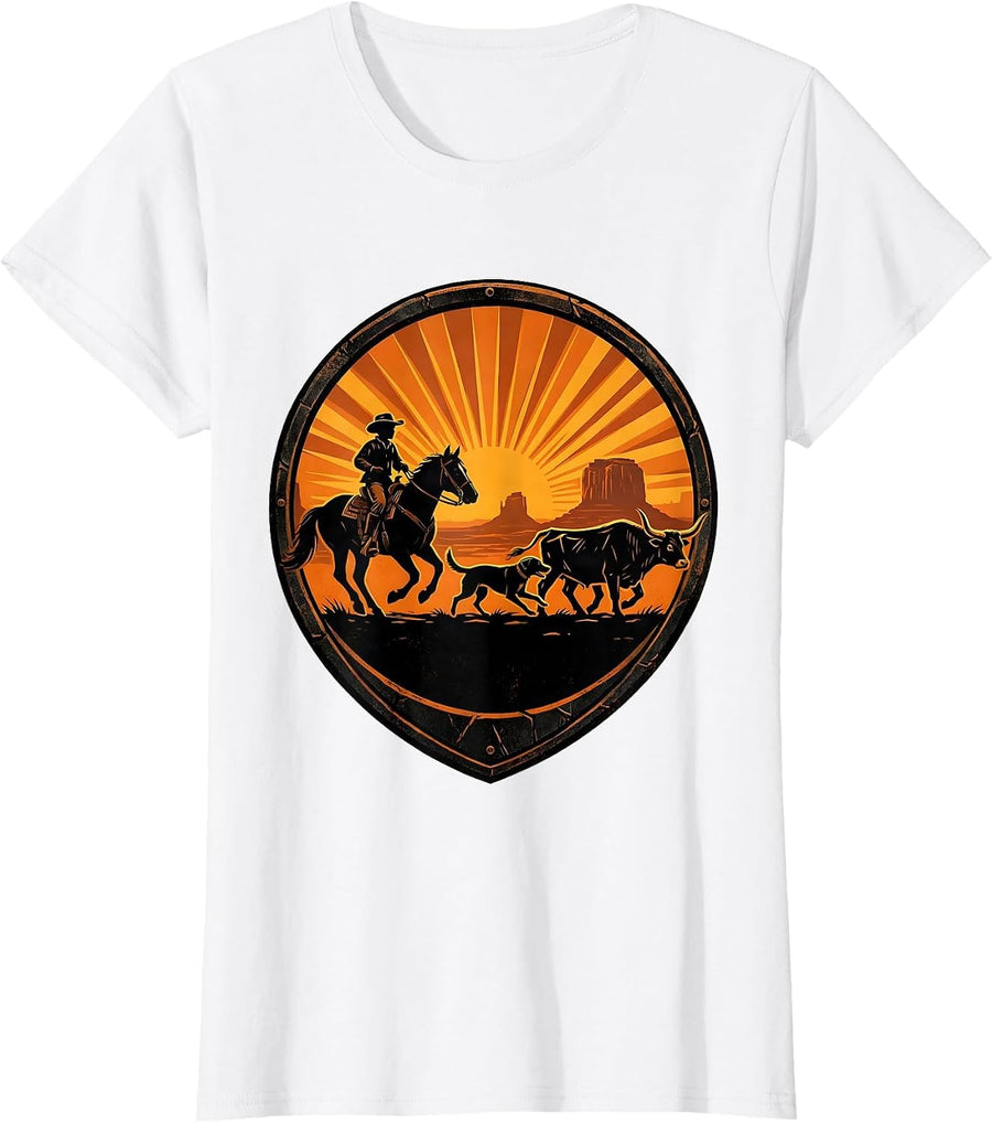 Women's Western Boy and Dog Herding Cattle at Dawn T-Shirt - White