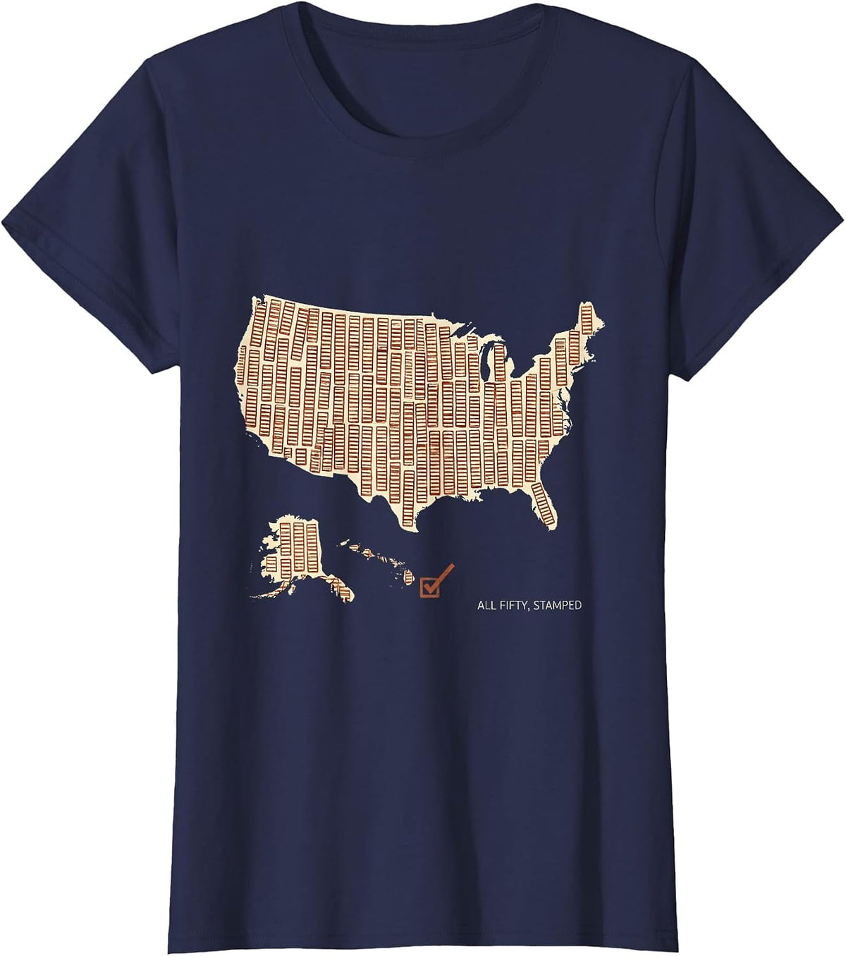 Women's All Fifty, Stamped Rubber Stamp Travel Achievement Map T-Shirt - Navy Blue