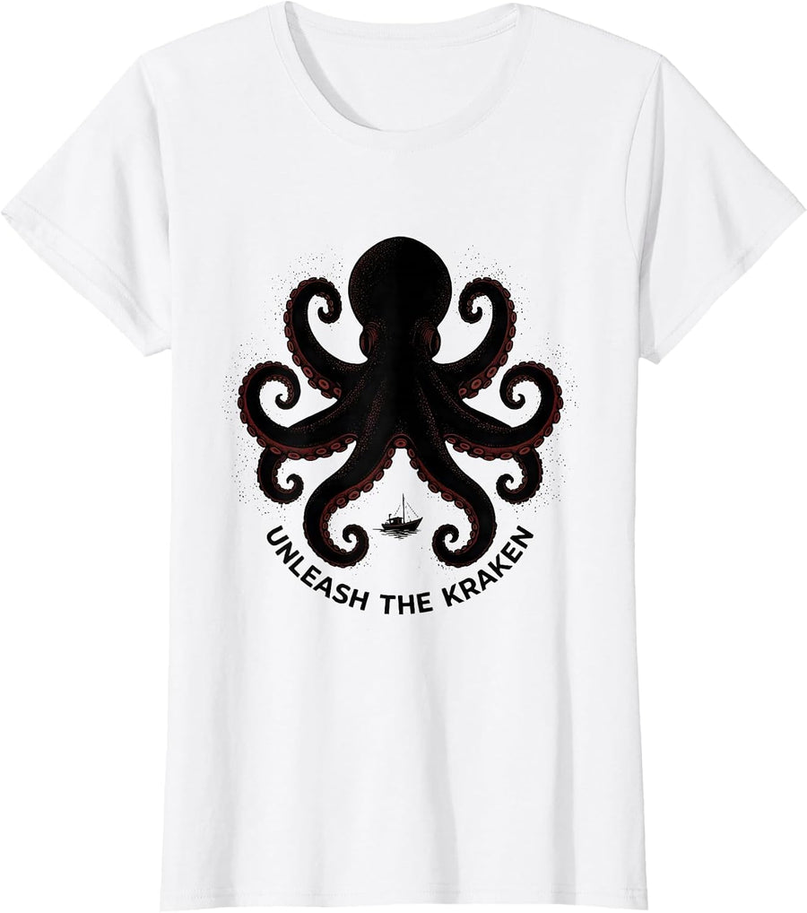 Women's Unleash The Kraken Blackwork Dotwork Octopus Lover Vintage T-Shirt - White