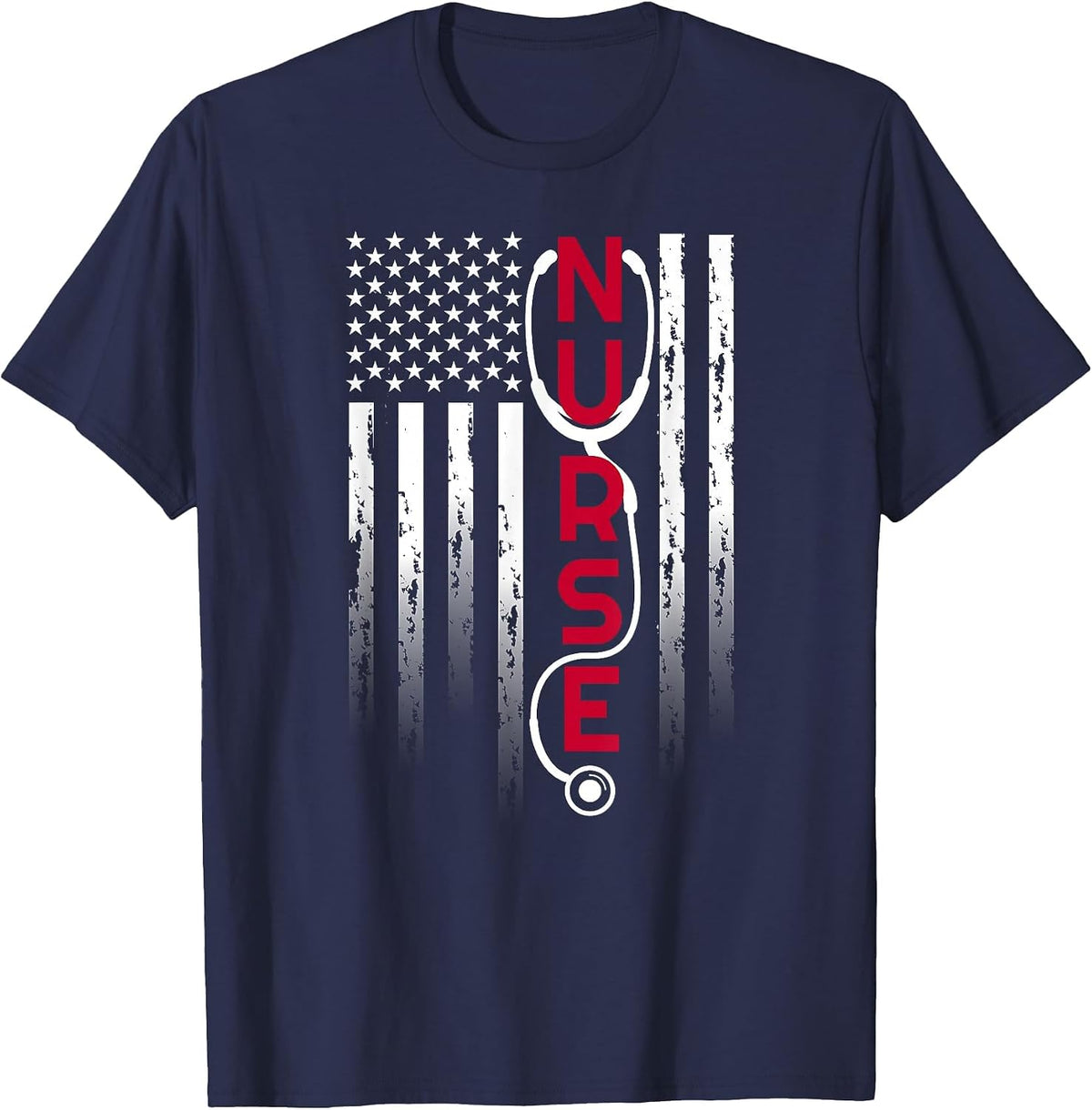 Patriotic Nurse with Flag Stethoscope for RN, LPN T-Shirt - Navy Blue