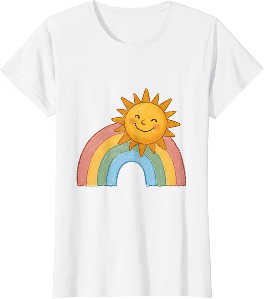 Women's Chalk Sun and Rainbow Preschool Teacher Design T-Shirt - White
