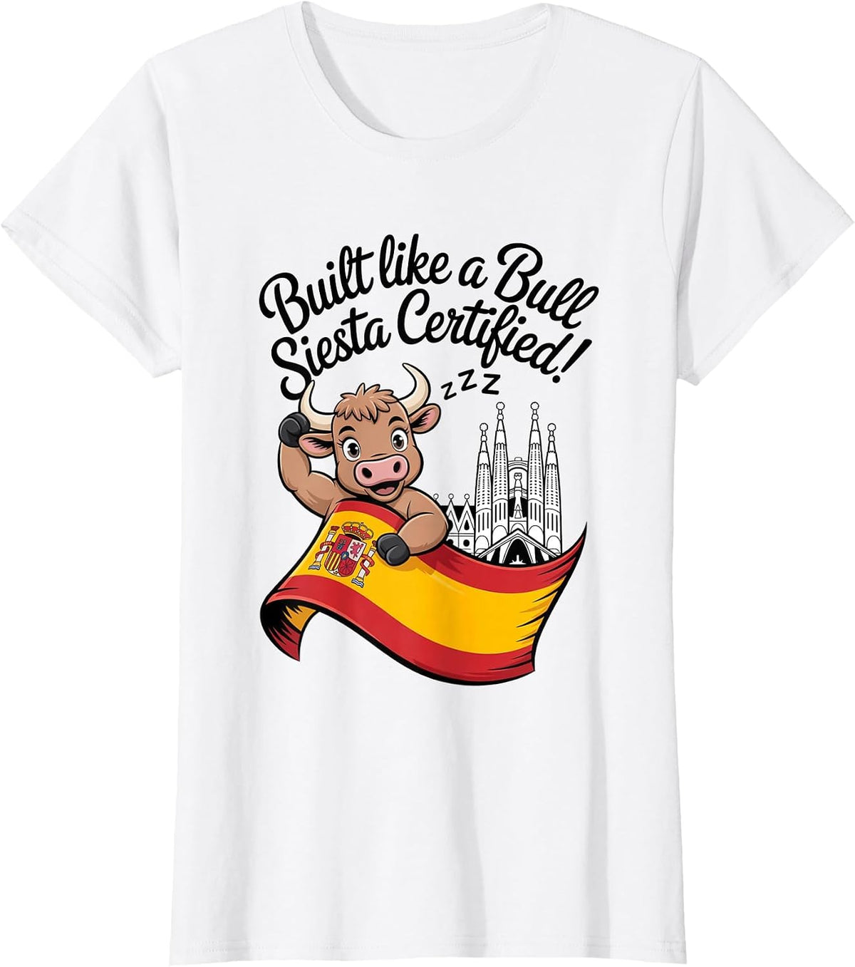 Spanish Bull with Spain Flag Barcelona Landmark Travel T-Shirt - White