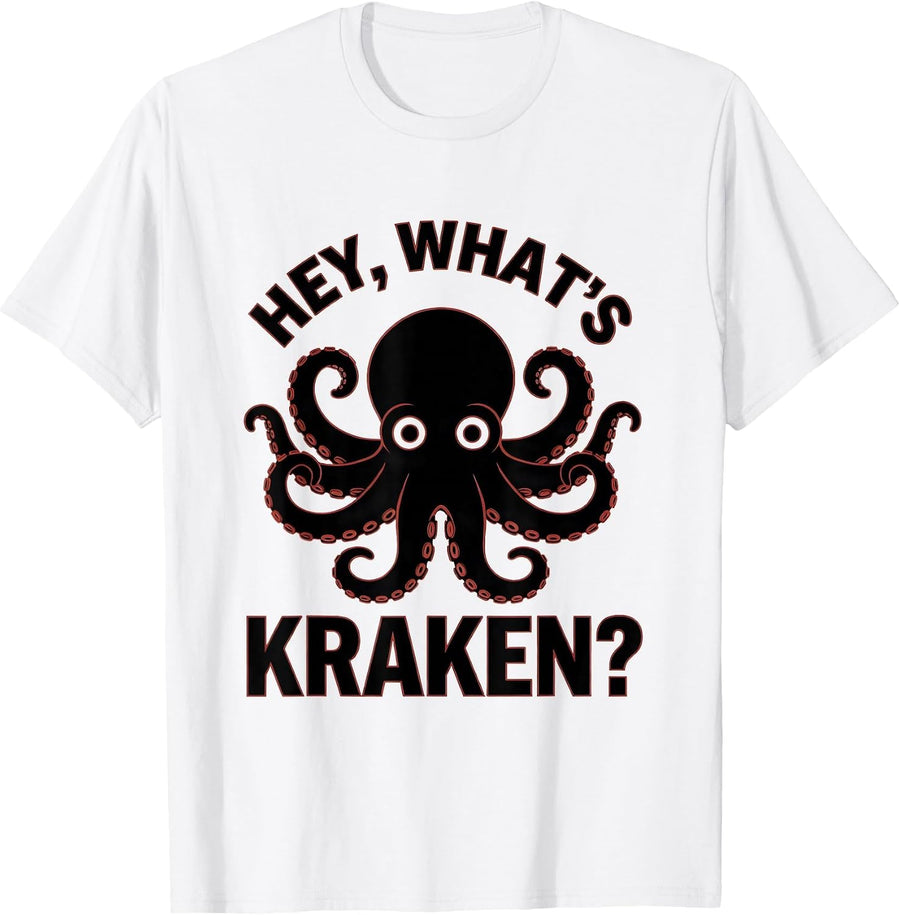 Men's Hey, What's Kraken? Minimalist Octopus Lover Sea Creature T-Shirt - White