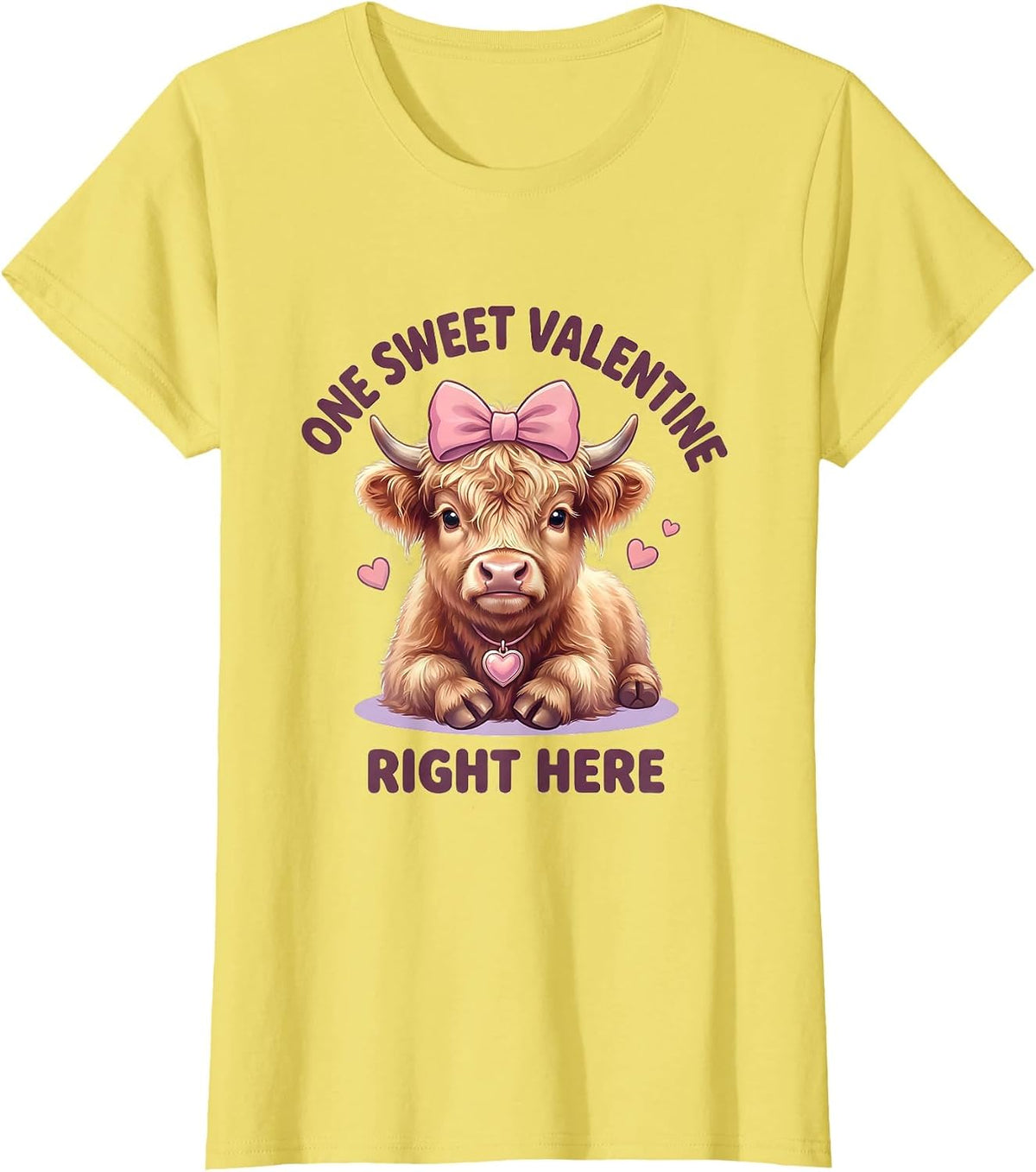 One Sweet Valentine Right Here Cute Kawaii Highland Cow T-Shirt - Lemon Yellow