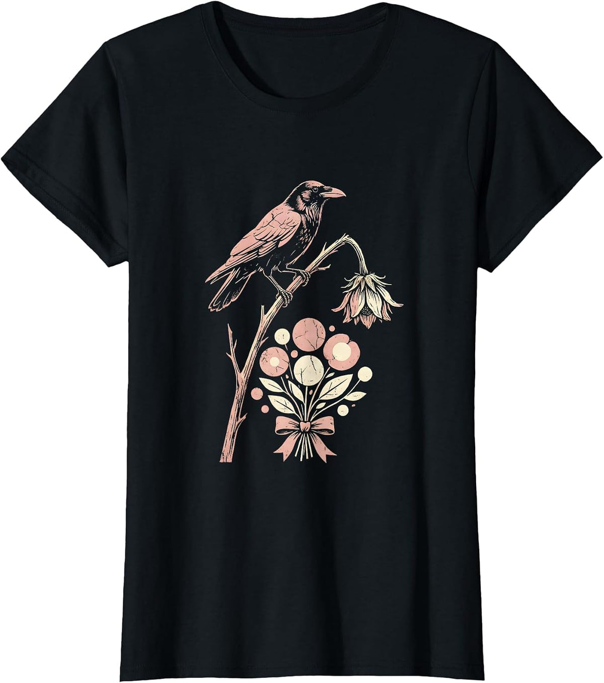 Women's Crow on Dead Flower Stem Gothic Nature Art T-Shirt - Black