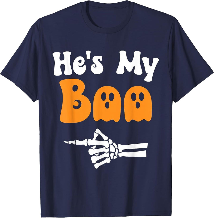 He's My Boo Matching Halloween Pajama Couples He's My Boo T-Shirt - Navy Blue