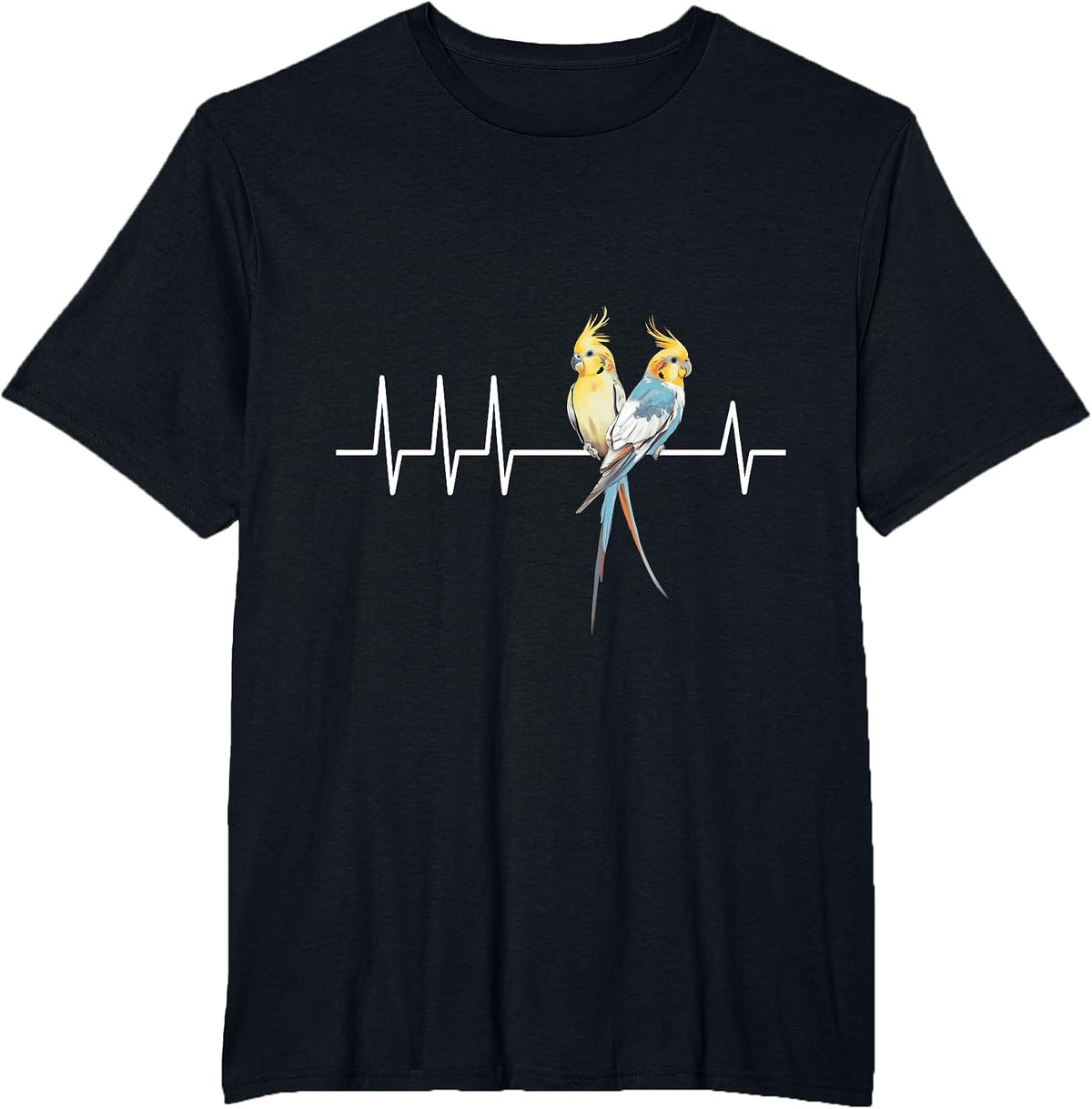 Cockatiel Birds on Heartbeat Line Vibrant Parrot Art Print T-Shirt - Black