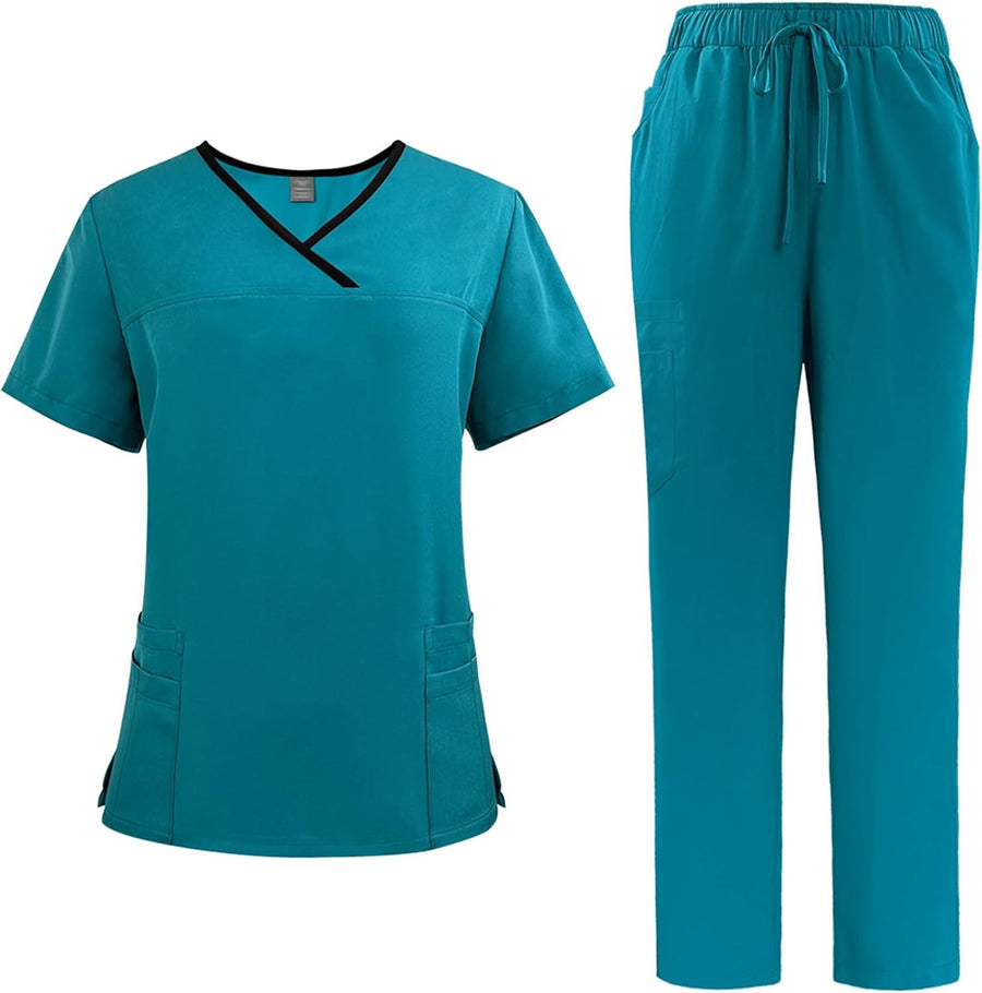 Scrubs for Women Split Suit V-Neck Top Jogging Pants with 4 Pockets Quick Drying Medical Nursing Uniforms DK51 - Lake Blue