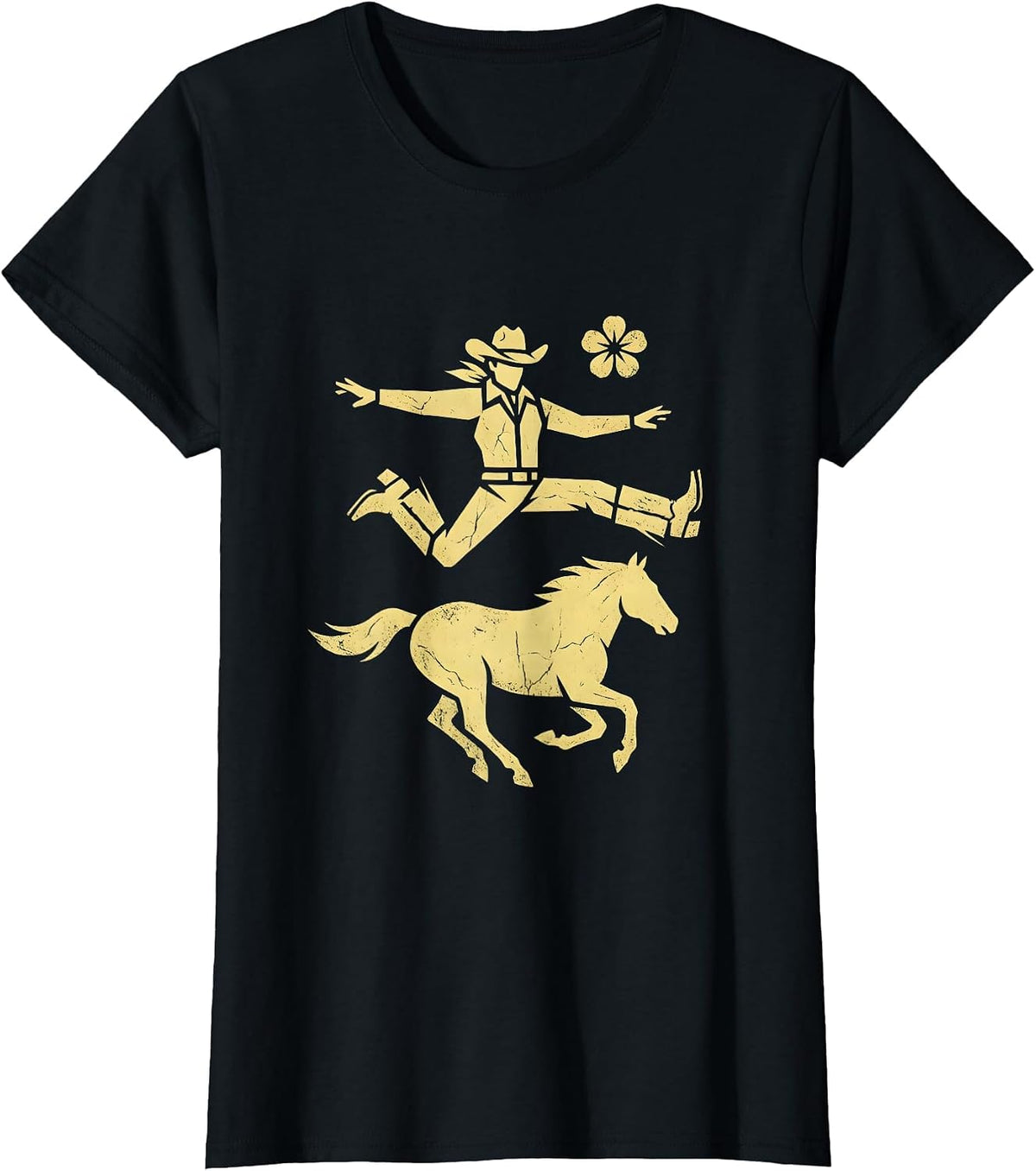Cowgirl Mid-Leap Off Moving Horse Graphic T-Shirt - Black