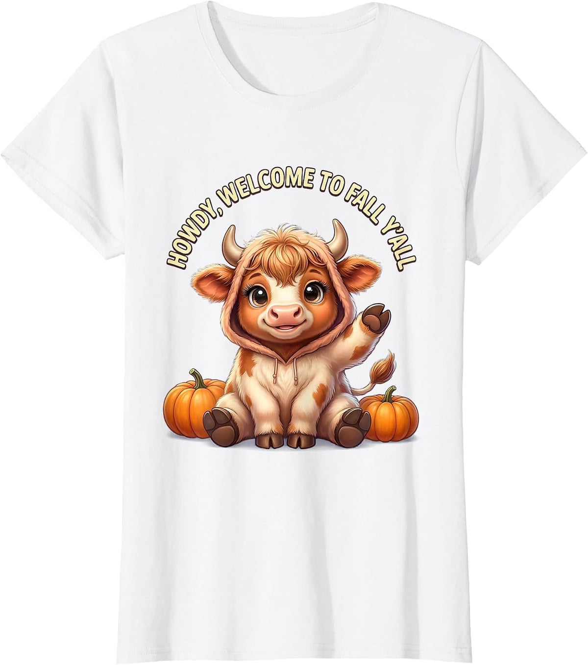 Women's Howdy, Welcome To Fall Y'All Cute Kawaii Highland Cow T-Shirt - White