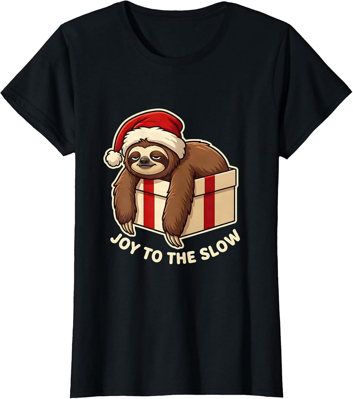 Women's Joy To The Slow Funny Sloth Lover Ugly Sweater Christmas T-Shirt - Black