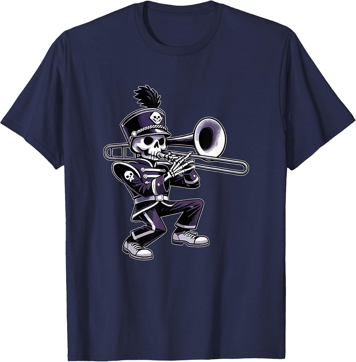 Halloween Skeleton School Marching Band Trombone Player T-Shirt - Navy Blue