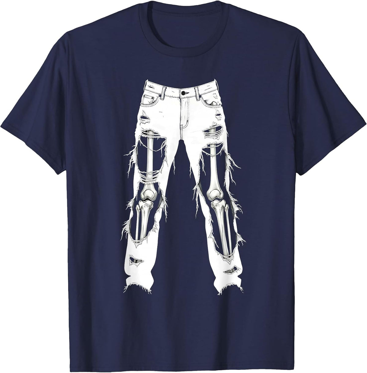Grunge Ripped Jeans Exposed Bones Illustration T-Shirt - Navy Blue