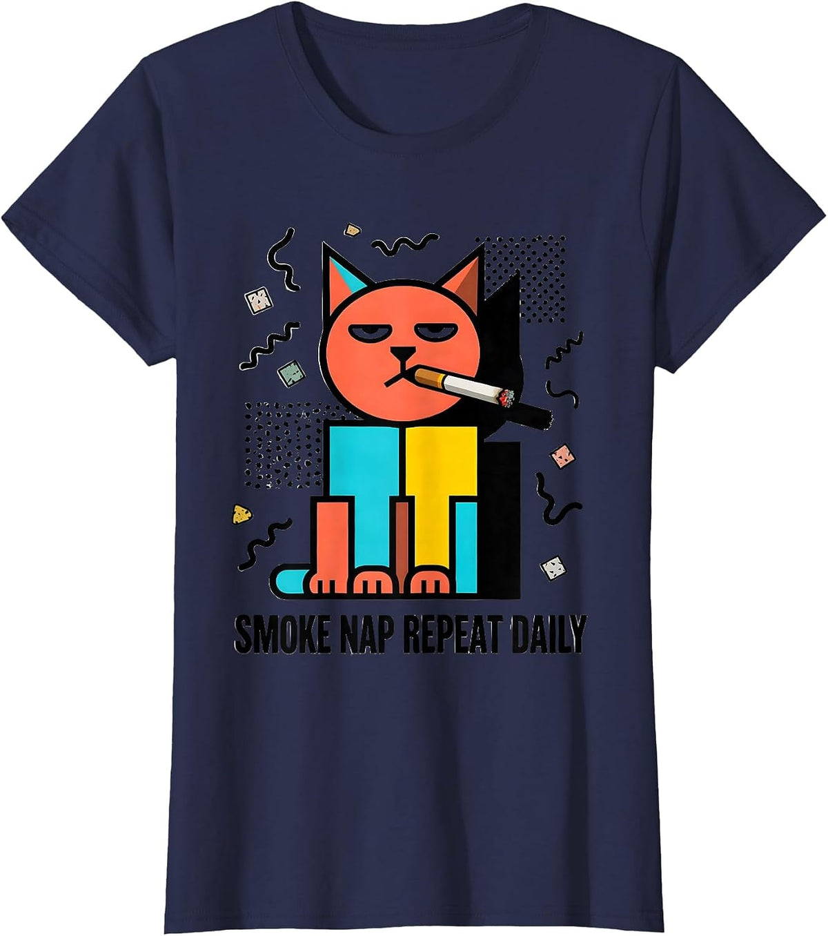 Women's Cat Smoking Cigarette Smoke Nap Repeat Daily T-Shirt - Navy Blue
