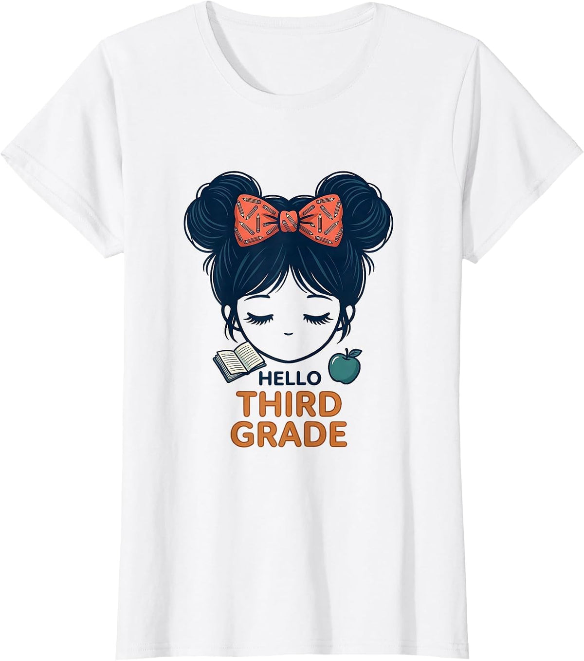Hello Third Grade Back To School Messy Bun Girls Teacher T-Shirt - White