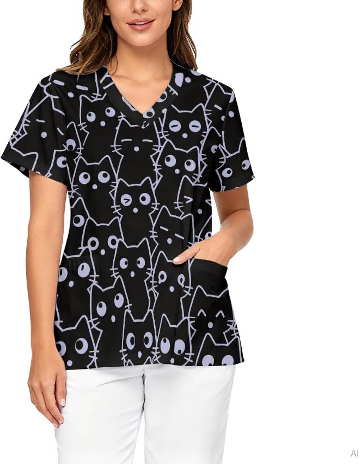Women Scrub Tops,Short Sleeve V-Neck Medical Nursing Uniforms - Whimsical Black Cat Print