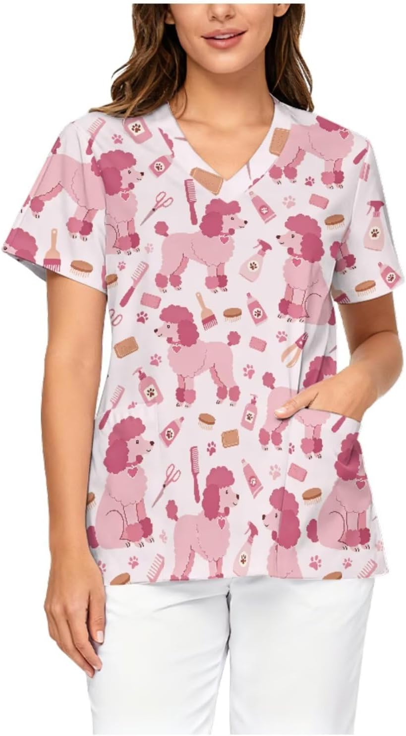 V Neck Scrub Tops Short Sleeve Nursing Uniforms - Dog Print